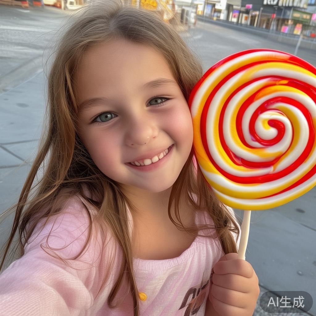 例如，有位女孩拿着巨大的棒棒糖，迷人的笑容在镜头前